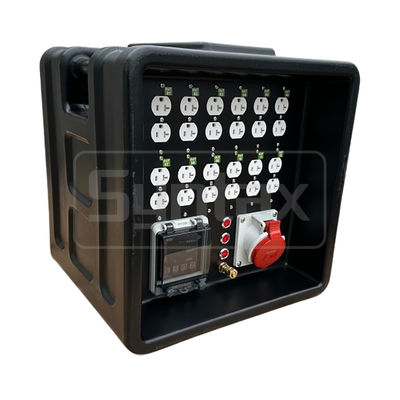 Syntax MD1 Three Phase 4P 32AMP HDPE Portable Distribution Box IP67 With 12 Nos UL Listed Nema Dual Sockets 430x380x460mm